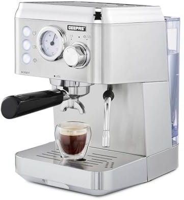 GEEPAS Espresso & Cappuccino Coffee Machine with Milk Frother, 15 Bar Pressure | 1.8L Detachable Water Tank Capacity, Stainless Steel Housing | 1140W, Silver