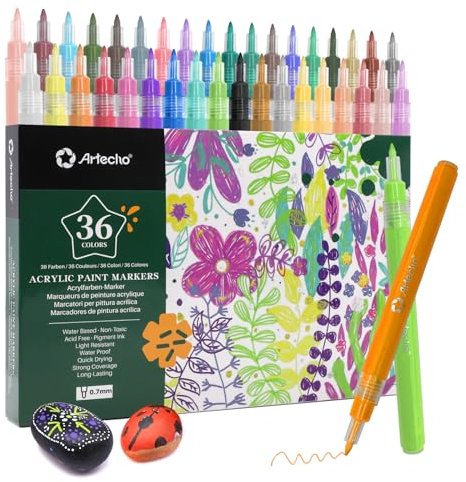 Artecho 36 Farben Extra Fine Tip Paint Pens, 0.7mm Fine Tip Acrylic Paint Markers, Acrylmalstifte für Steinmalerei, Keramik, Stoff, Leinwand, Holz, Glas, Kunstzubehör
