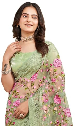 VAIRAGEE Women Sweet Lastest Georgette Embroidery Floral Pattern Elegant Saree With Unstitched Blouse (6079)