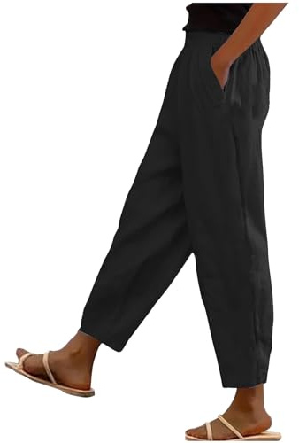 RLEHJN Cotton Linen Trouser Women UK Clearance Solid Color Elasticated Waist Trousers Ladies Summer Lounge Pants Plain Loose Fit Full Length Pants Casual Straight Leg Bottoms with Pockets