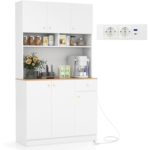 COSTWAY Credenza Alta da Cucina con 6 Ante e Cassetto, Armadio Dispensa da Cucina con Presa Elettrica, Mobile Cucina con Ripiani Regolabili per Sala da Pranzo e Soggiorno, 100 x 40 x 181 cm (Bianco)