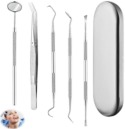 Zahnsteinentferner,5er Zahnarzt Instrumente,Zahnreinigung,Zahnarztbesteck,Zahnsteinentferner Mensch,Edelstahl Zahnpflege Zahnstein Set mit Box,Zahnreinigungsset Professionell für Zahnstein Entfernen