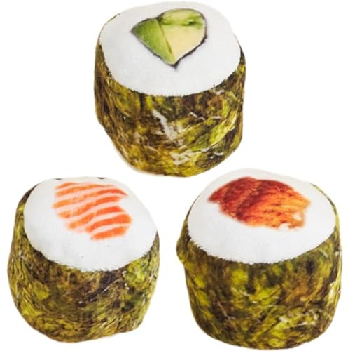 Ericetion 3-pack sushi kattleksaker med kattmynta sushirulle kudde kattunge tuggbittillbehör tristess lindring fluffiga katttänder rengöring tugga kattälskare interaktiv plyschgåva