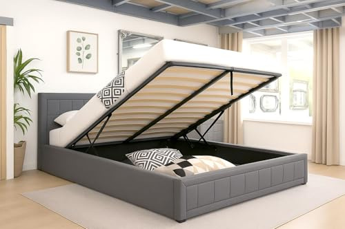 Modernique Grey Fabric Ottoman Storage Double (4ft6) Bed with Underneath Storage, Wooden Sprung Slatted Base (Double)
