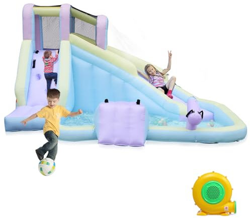 LEADZM Château Gonflable Couleur Macaron avec Souffleur, Grande Aire de Jeux Extérieure/Intérieure avec Piscine, Toboggan, Mur d'escalade, Pistolet à Eau, pour Enfants 3-8 Ans, 400x300x230cm