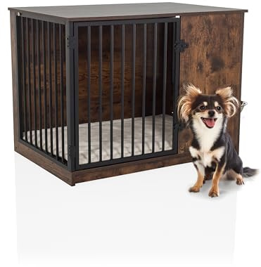hjh LIVING Hundbur för hem, 80 x 55 x 60 cm PAWHOME S hundbur inklusive skålar i rostfritt stål, hundhus kan belastas med dörr upp till 30 kg, brun