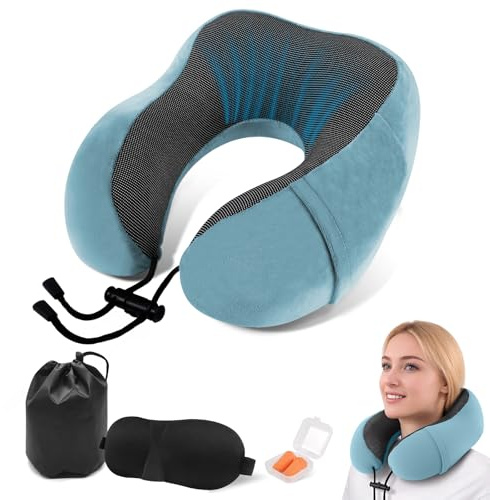 ARTREE Almohada de Viaje para Cuello Ajustable - Cojín Cervical con Sistema de Cinta Reguladora, Espuma Memoria Portátil para Avión/Coche, Incluye Funda + Bolsa
