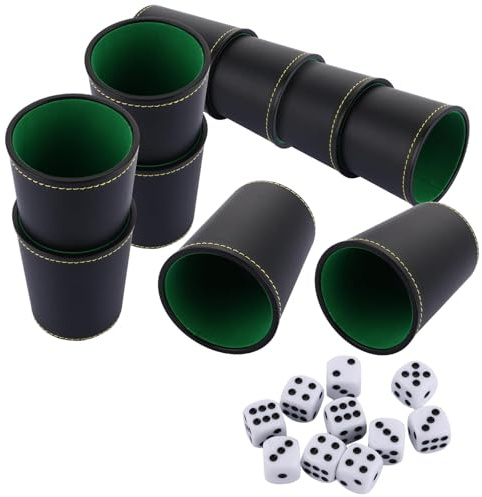 LOLYSIC Lot de 10 Gobelet à Dés en Cuir PU, Shaker à Dés Silencieux avec Doublure en Velours, Set de Jeux de Dés pour Bar, Soirées et Divertissement (50 Dés Inclus)