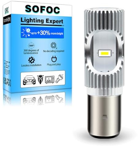 SOFOC S2 BA20D Ampoule LED Phare Moto/Voiture Blanc Froid 6500K 6V 12V 24V Compatible avec 6-30V AC/DC 2000LM 300% Plus Lumineuse que Halogène Code/Route 2SMD 1Pcs