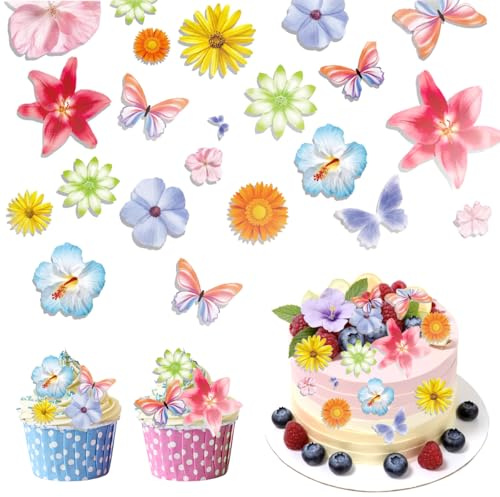 Flores comestibles para tartas, 60 piezas flores comestibles para decoración de tartas, mariposas comestibles para hojas comestibles para cupcakes para fiestas y tartas hawaianas, fabricación de velas