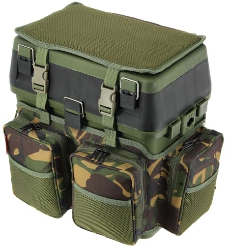 Fishing Seat Box with Camo Rucksack Overwrap Multi Compartment Padded Seat Side Tray Portable Shoulder Strap Multiple Pockets Carp Coarse Sea Tackle Storage