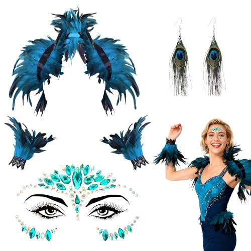 RAOPNHS Costume de carnaval pour femme - Ensemble 4 pièces - Costumes de carnaval avec cape en plumes, manchettes, boucles d'oreilles et bijoux pour le visage - Costume de paon pour femme et