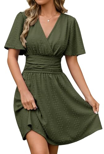 HEEKPEK Vestidos Verano Mujer Manga Corta Cuello en V Vestido de Mujer Elegante Corto Dress de Mangas Mariposa Cintura Alta Elástica Mini Vestido Sueltos Casual (Verde Militar, XXL)