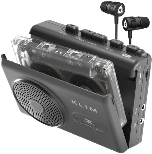 KLIM K9 Kassettspelare – Bärbar kassettspelare och kassettinspelare med högtalare, mikrofon och hörlursuttag, batteridriven, inkl. F1-hörlurar – svart