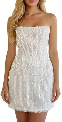 Aevomsyn Sequin Prom Dresses 2026 Short Glitter Pearls Beaded Strapless Ball Gowns for Women Formal White Size 8