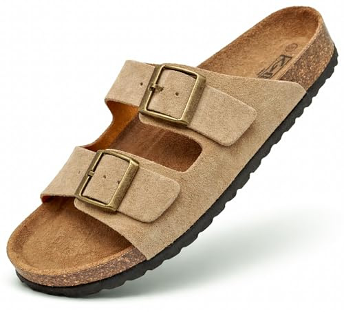GONKOS®, lädersandaler med spännen, äkta läder, naturlig kork, justerbara fotspännen, sandaler för män kvinnor, kvalitetssandaler tillverkade i Spanien, färg mockad Taupe storlek 43
