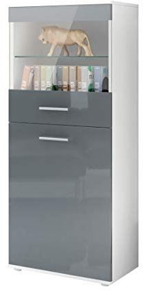 Vladon Vitrine Almada, Made in Germany, Standvitrine mit 2 Türen, 4 Fächern und 1 Glaseinsatz, Weiß matt/Grau Hochglanz (53 x 125 x 30 cm)