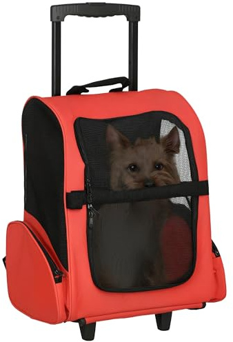 PawHut Transportín 2 en 1 para Mascotas Mochila o Carrito de Viaje para Perro y Gato con 2 Ruedas con Asa retráctil de Aluminio y Bolsillos 42x25x55 cm Rojo