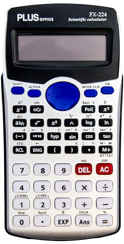 Plus Office - Calculadora Científica para Ingeniería, Escuela y Universidad, Pantalla 2 líneas (10+2 dígitos). Funciones Hiperbólicas y Trigonométricas, 2 Años de Garantía, FX-224 Plus Color Plata