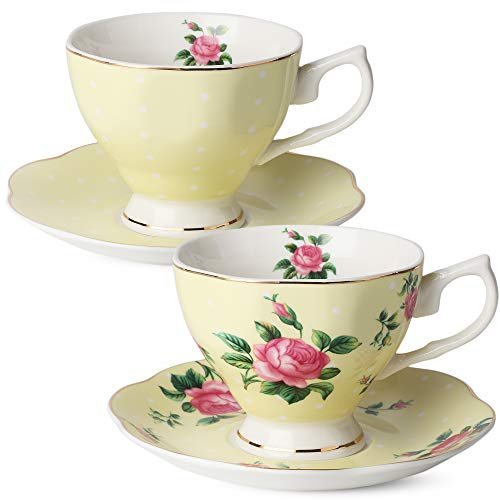 BTaT- Floral Tea Cups and Saucers, Set of 2, 8 oz, Fine Porcelain Teacup Set with Gold Trim for Afternoon Tea, Weddings, Parties & Gifting, Dishwasher Safe, Lightweight, Non-Toxic, Mothers Day Gift