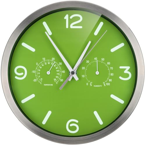 Bresser MyTime ND Thermo-Hygro Horloge Murale Radio-pilotée silencieuse avec Cadre en Acier Inoxydable et Affichage de la température et de l'humidité Vert