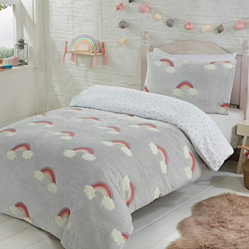 Sleepdown Rainbow Clouds Glow In The Dark Light Grey Kids Boys Girls Childrens White Stars Reverse Soft Feel Fleece Duvet Cover Quilt Bedding Set with Pillowcases