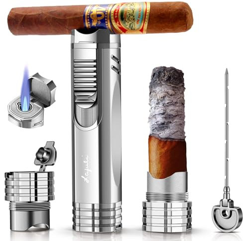 LAFULI Cigar Lighter, Punch, Draw Enhancer, Holder, All-in-One Refillable Butane Torch Lighter. Cigar Accessories(Gas Not Included)