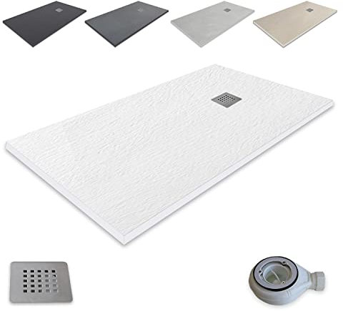 Plato de Ducha Resina Extraplano outletaseo – Todas las medidas disponibles - Antideslizante Textura Pizarra - Incluye Válvula desagüe+Rejilla (140x80, Blanco RAL 9003)