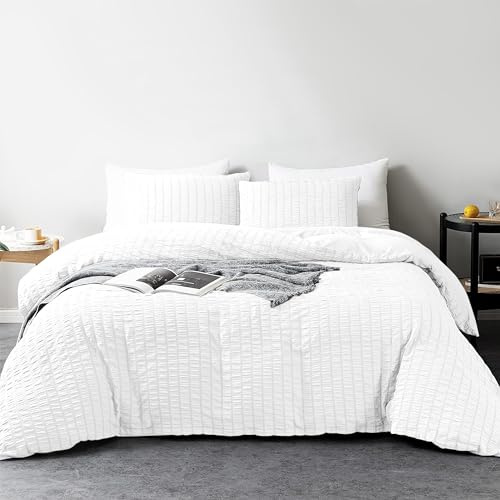 My home store Vitt polycotton påslakan king size – hotellkvalitet Seersucker randig sängkläder påslakanset med 2 matchande örngott