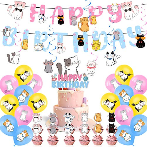 Katzen Geburtstag Deko,38 Stück Rosa Kindergeburtstag Deko Katze Set mit Happy Birthday Banner Girlande Katze Luftballons Torten Topper Tier Geburtstagsparty Deko für Mädchen Kinder Baby