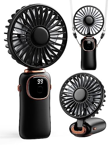 coldSky Portable Handheld Fan, 4000mAh Battery Operated 3 in 1 Multifunction Personal Travel Fans with Digital Display, 90° Foldable Desk Fan with Base, 5 Speed Lash Fan for Makeup/Office (Black)