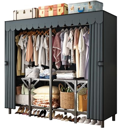 LEAIJIAFY Gray Large Portable Armoire Wardrobe Closet with Foldable Clothing Wardrobe 25MM Steel Pipe Metal Frame Clothes Rack,One Piece Folding Design