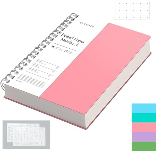 EMSHOI B5 Notebook, Spiral Dotted Journal, 300 Pages, PVC Cover, Pink | 100GSM Paper, Flexible Plastic Cover, Notepad with Journaling Stencils, Pocket, Pen Loop, Bookmark Ruler, 19 x 25.8cm