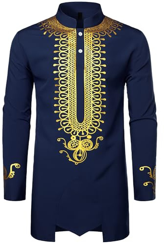 ZEROYAA Men's Traditional African Long Sleeve Dashiki Shiny Pattern Printed Dazzling Shirt Indigo Blue Bead Medium