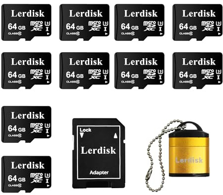 Lerdisk 10-pack Micro SD-kort 64 GB U3 V30 A1 klass 10 | 4K-video för drönare, dashkameror och Android-enheter | IP65 vattentät (64 GBX10)