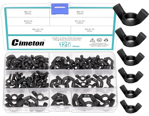 Cimeton 125PCS Flügelmuttern Sortiment Kits 3/8„ 5/16“ 1/4“ #6#8#10 Carbon Steel Black Butterfly Nut Wing Nuts Fasteners Wingnuts Hand Twist Tighten Ear for Home Building Industry