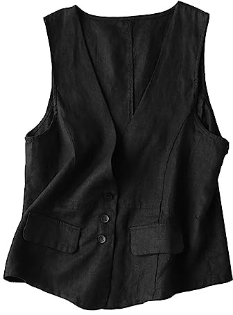 Chaleco de lino para mujer de verano, chaqueta de lino, sin mangas, tallas grandes, chaqueta de verano, cuello en V, blusa de lino, elegante, chaleco de traje de lino, sin mangas, chaleco tradicional