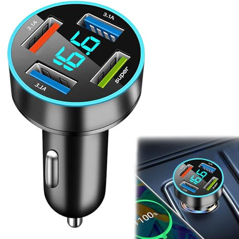 Caricabatterie Auto 66W Con 4 Porte USB, Ricarica Rapida 12V Con Voltmetro LED, Caricatore Accendisigari Universale per i-phone/Android/Samsung/Xiaomi