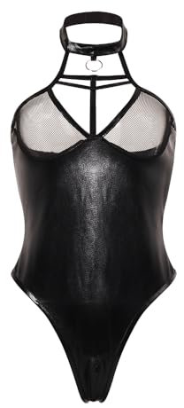 GIVTULIP Damen Sexy Body Dessous Bodysuit Reizwäsche Lingerie Unterwäsche Oberteile Babydoll mit Tiefer V-Ausschnitt Leder Catsuit Ouvert mit Reißverschluss Wetlook Jumpsuit Dessous Negligee Outfit