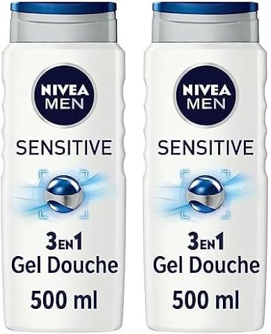 NIVEA MEN Gel Douche Sensitive 3 en 1 (3 x 500 ml), gel douche homme pour peau sensible, nettoyant doux pour corps, cheveux et visage, savon douche à l'extrait de bambou (Lot de 2)
