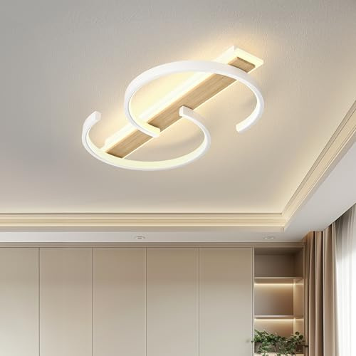 LUOLONG LED Deckenleuchte Dimmbar Deckenlampe Holz Wohnzimmerlampe 35w Mit Fernbedienung 2-Ringen Kreis Bambus Deckenleuchte Weiß Schlafzimmerlampe Arbeitzimmer Büro Modern LED Deckenbeleuchtung-40cm