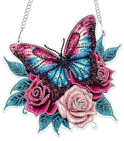MOGTAA 5D Farfalla Diamond Painting Ciondolo per pittura con animali, con catena per bambini, adulti, decorazione per finestre e ingressi