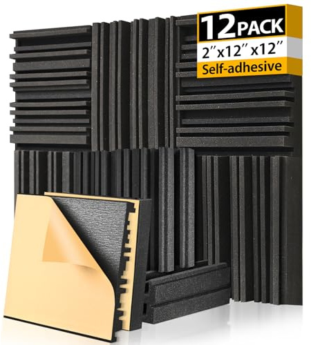 AUSLET 12 Pack Sound Proofing Panels with Self Adhesive 12 x 12 x 2 High Density Grooved Acoustic Wall Panels Sound Absorbing Foam for Recording Studio Home Office