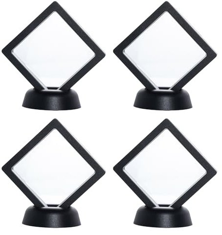 Qwrqwr Lot de 4 cadres flottants 3D avec base - 7 x 7 cm - Noir - Boîte de présentation pour pièces de monnaie, médaillons, petits objets de collection - Vitrine (4, noir)