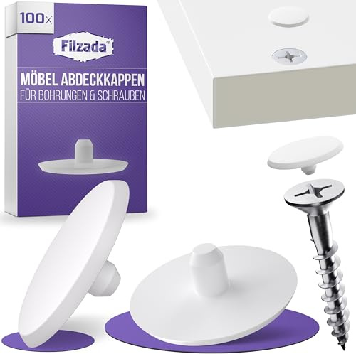 Filzada® 100x Möbel Abdeckkappen für Schrauben - Rund - 13.x 3 mm - Schraubenabdeckung Weiss - Kunststoffkappen für Schrauben - Lochabdeckung Weiß