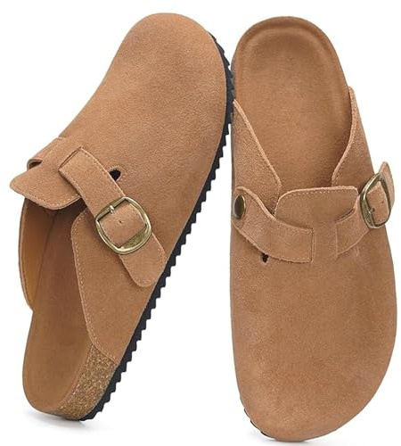 Forhome Zuecos y Mules para Mujer,Pantuflas de Piel con Corcho Cerradas,Zuecos de Piel,Corcho Zapatos Antideslizante,Zapatillas de Jardín Sandalias,Hebilla Ajustables,38-39