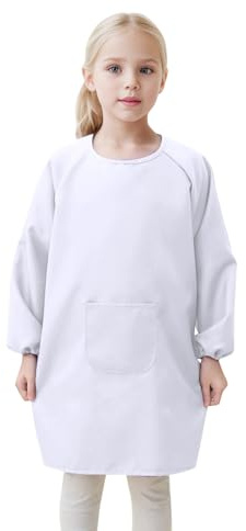 Delantal infantil con bolsillo para niños, delantales de pintura de artista, batas con manga larga, blanco, 4-8 años