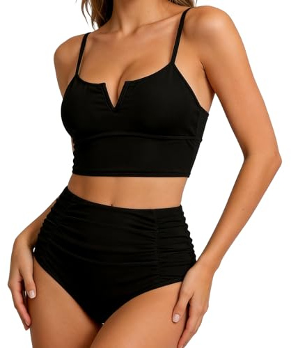 nnOuOnn Women's High Waisted Bikini Set, Tummy Control 2 Piece Swimsuit UK, Ladies Swim Wear for Beach Summer V-Wired Neckline Design with Removable Bra Pads, Adjustable Straps (XL, Black)