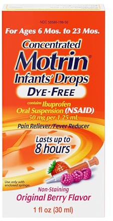 Infants’ Motrin Infant Ibuprofen Oral Suspension Concentrated Drops, NSAID Fever Reducer & Pain Reliever for Babies, Dye Free, Alcohol-Free, Berry Flavor, Includes Enclosed Syringe, 1 fl. oz