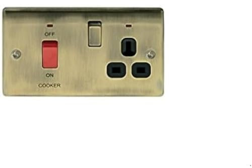 BG Electrical Cooker Switch with Socket and LED, Cooker Control Unit, Control Socket, Double Pole, Raised Profile, Round Edges, Nexus Metal, Antique Brass, 45A, NAB70B